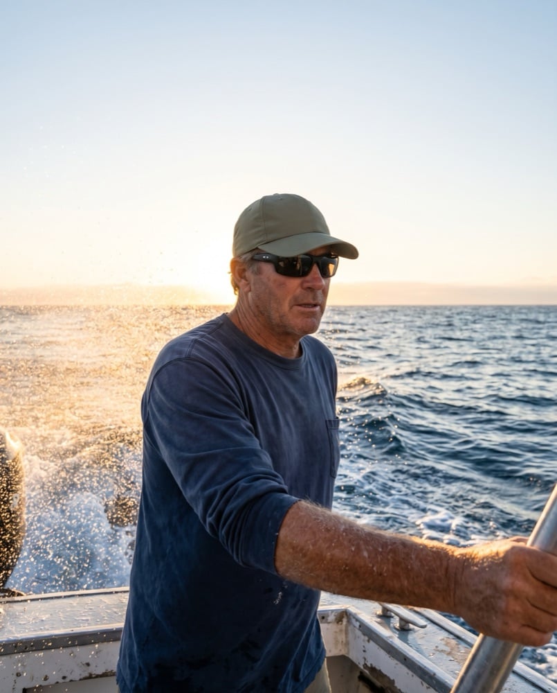 A fisherman working a line on open water