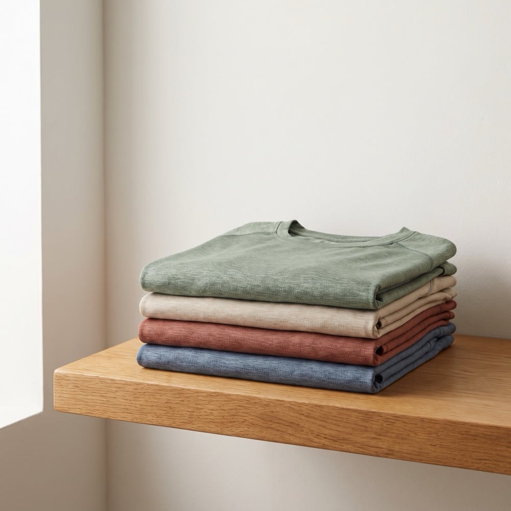 Garment-dyed t-shirts folded in a neat stack