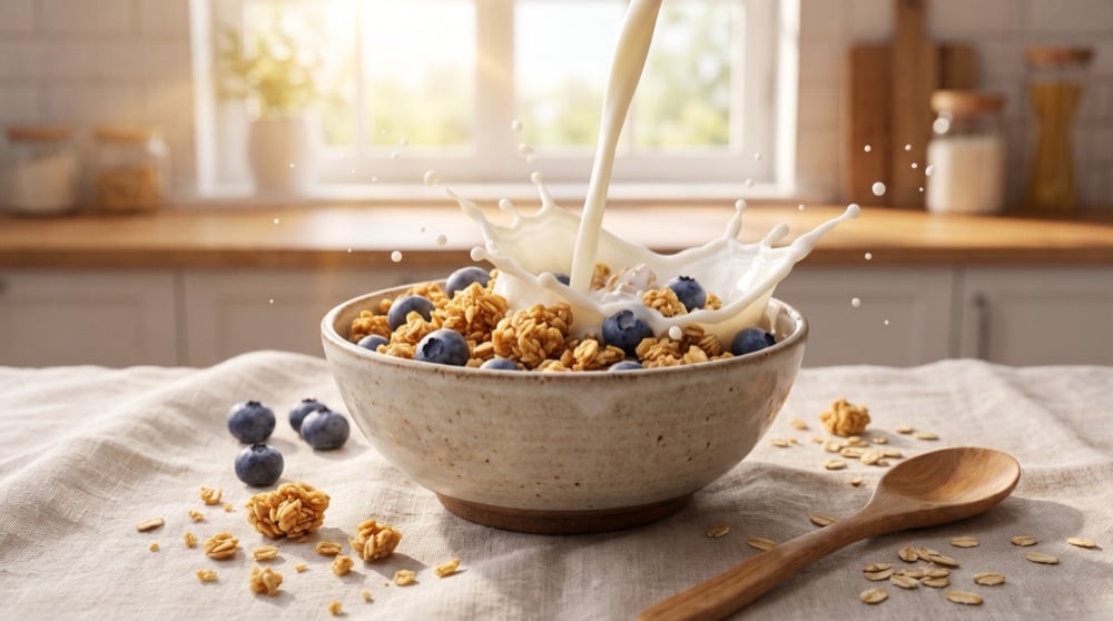 Milk splashing into a bowl of granola and blueberries, caught mid-pour